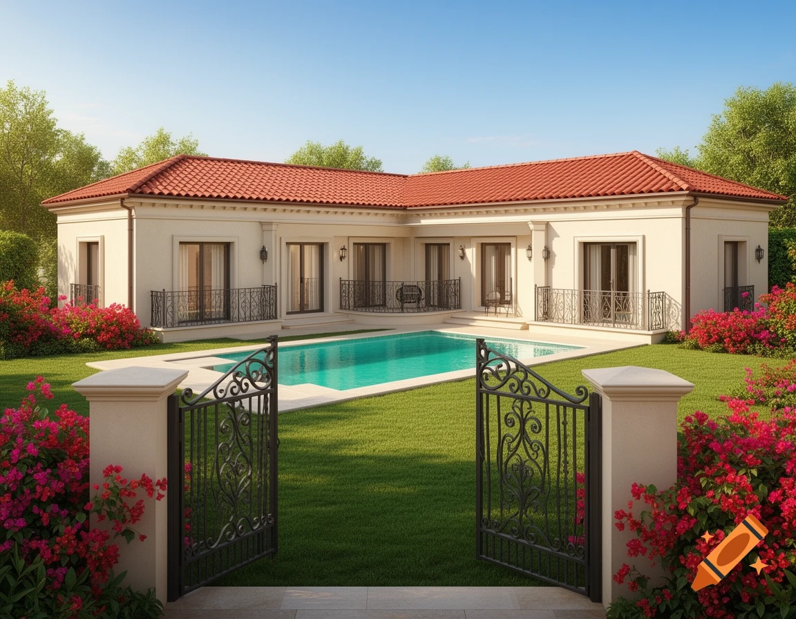 One-story L-shaped Mediterranean villa with a red-tiled roof, surrounded by a green lawn, lush pink flowers, and a turquoise swimming pool, seen through an open iron gate. Photorealistic style.