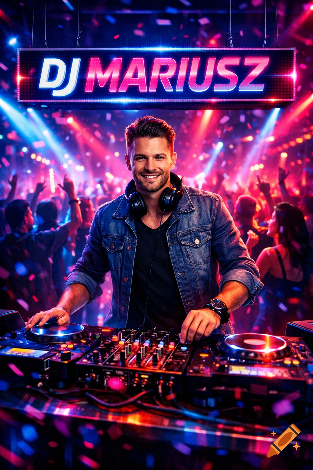 Smiling DJ with headphones mixes music at a vibrant nightclub under a neon "DJ MARIUSZ" sign, with confetti and crowd.