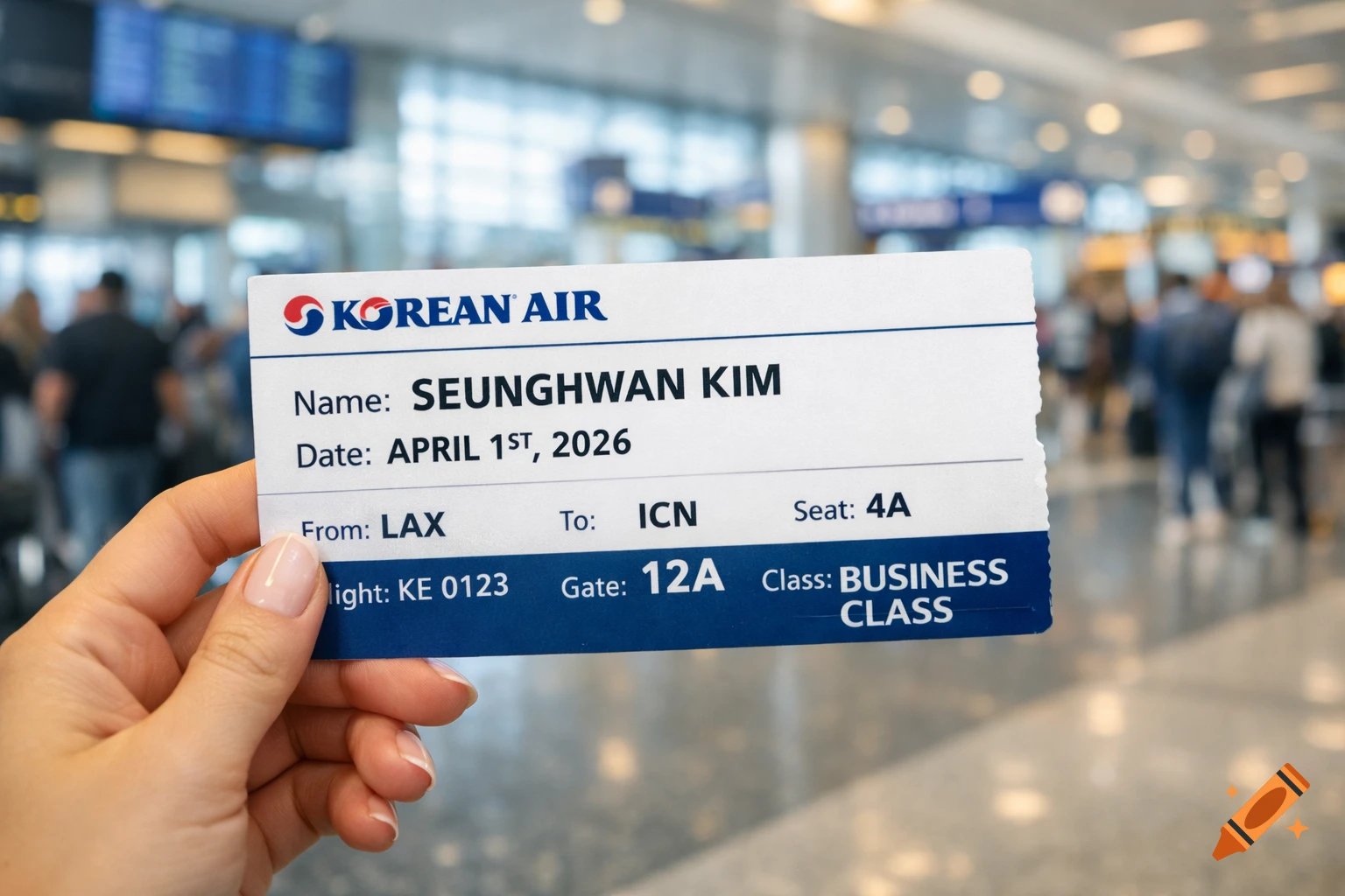 A hand holds a Korean Air plane ticket with the name Seunghwan Kim and date April 1st, 2026, against a blurred airport background. The ticket shows Business Class from LAX to ICN.