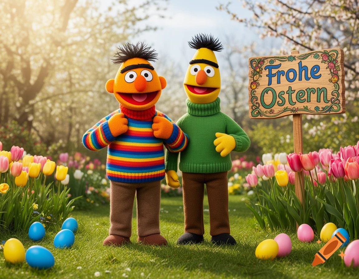 Ernie and Bert stand in a spring field with colorful tulips and Easter eggs, next to a sign that says "Frohe Ostern".