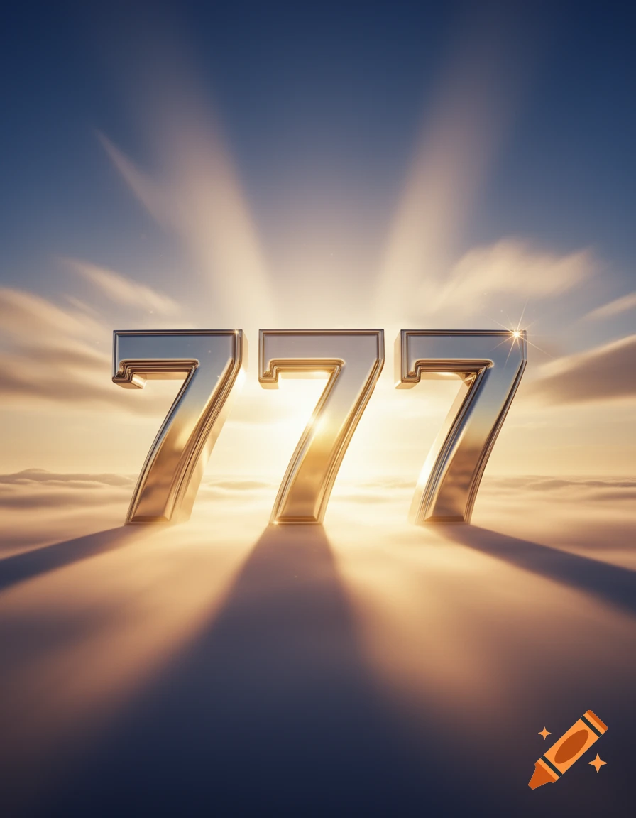 Three large, shiny silver number 7s float above soft clouds under a bright, ray-filled sky, giving a mystical feel.