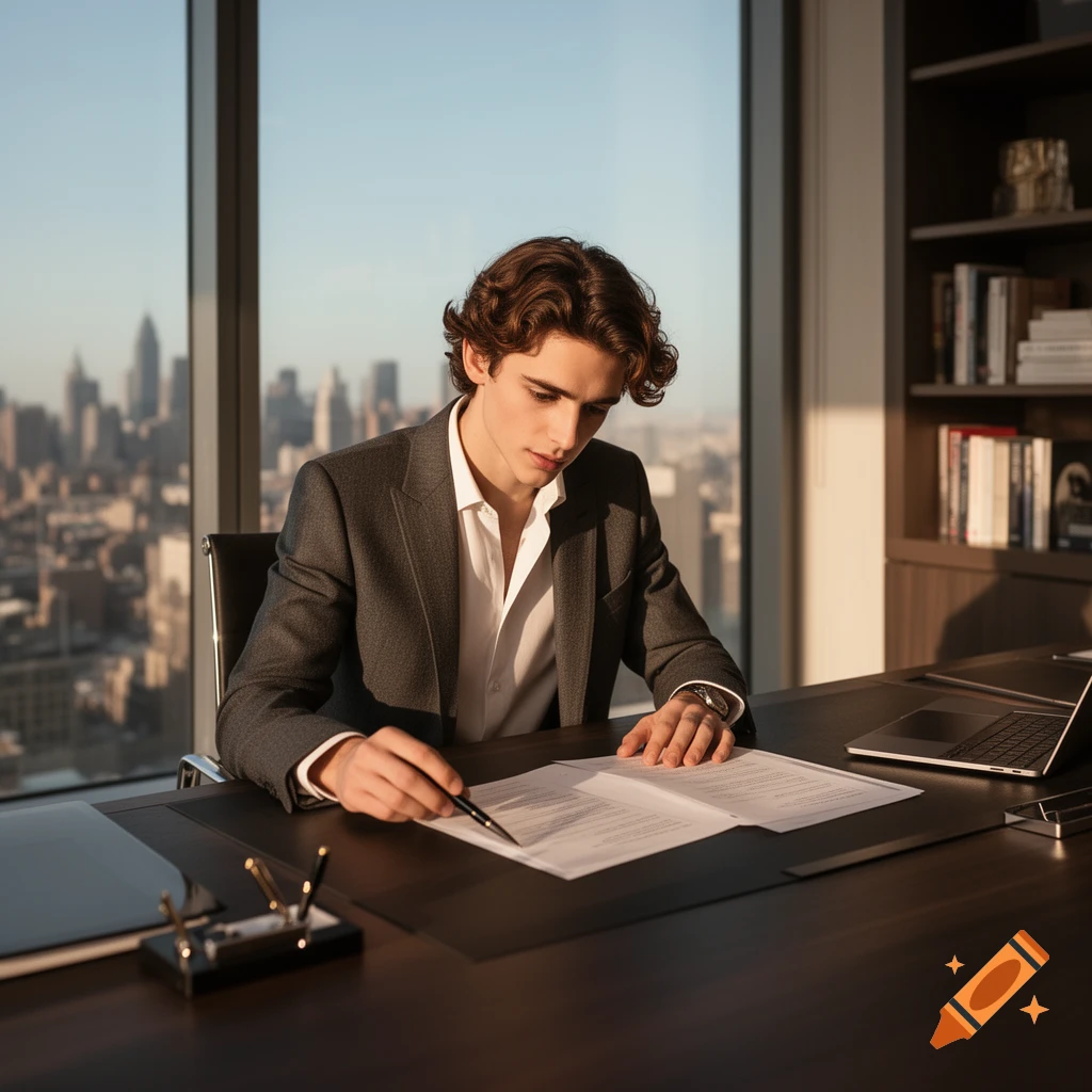 A young man in a suit signs documents at a desk in a high-rise office overlooking a city skyline.