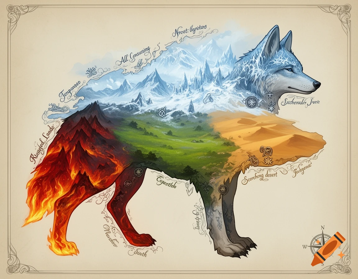A fantasy map shaped like a wolf, divided into icy mountains, green plains, fiery rugged lands, and a scorching desert, on a parchment background.