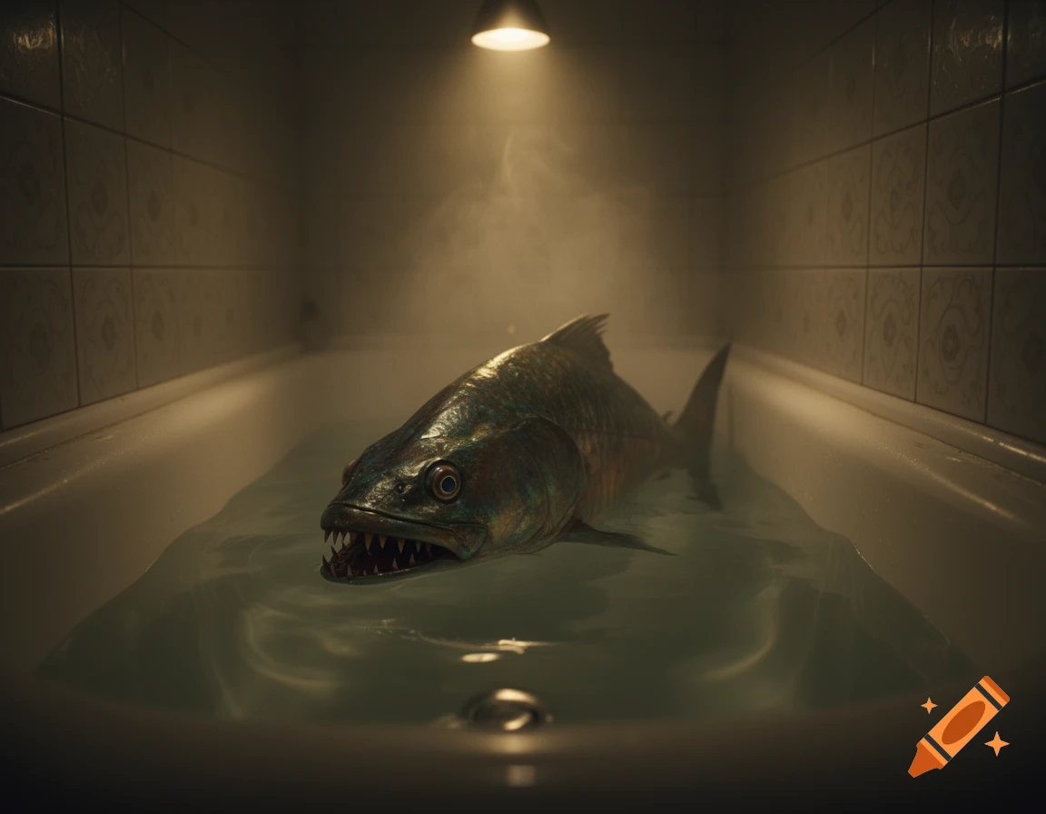 A large, menacing fish with sharp teeth emerges from murky water in a dimly lit bathtub, steam rising around it.
