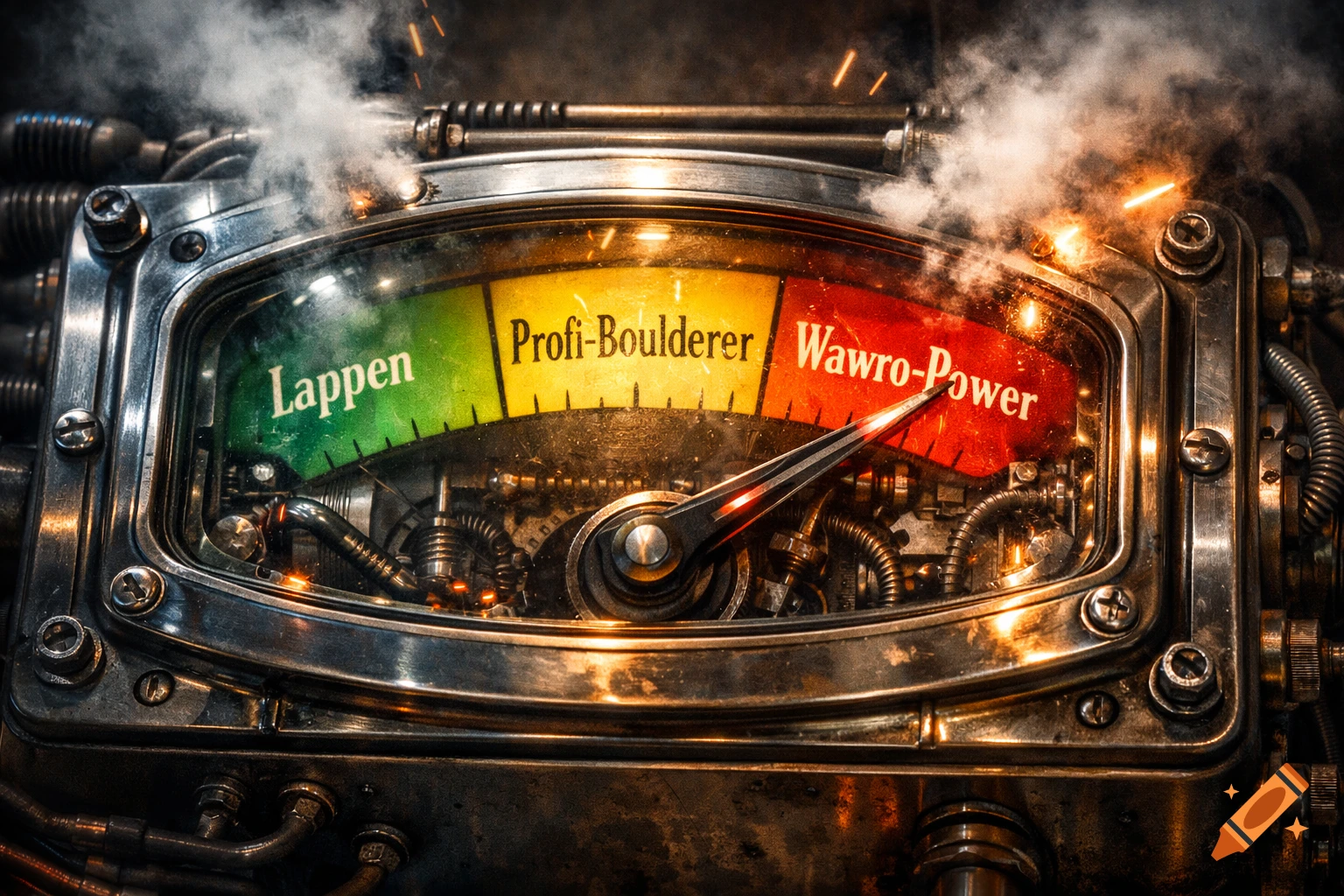 A close-up of a distressed steampunk-style mechanical gauge with a needle pointing to 'Wawro-Power', emitting smoke and sparks. The display has green, yellow, and red zones labeled 'Lappen' and 'Profi-Boulderer'.