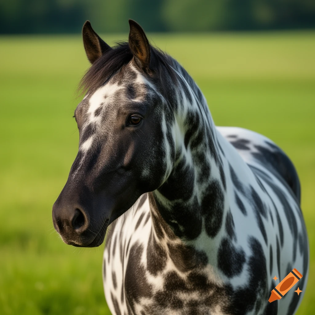 Photorealistic headshot of a black and white spotted horse in a green field.