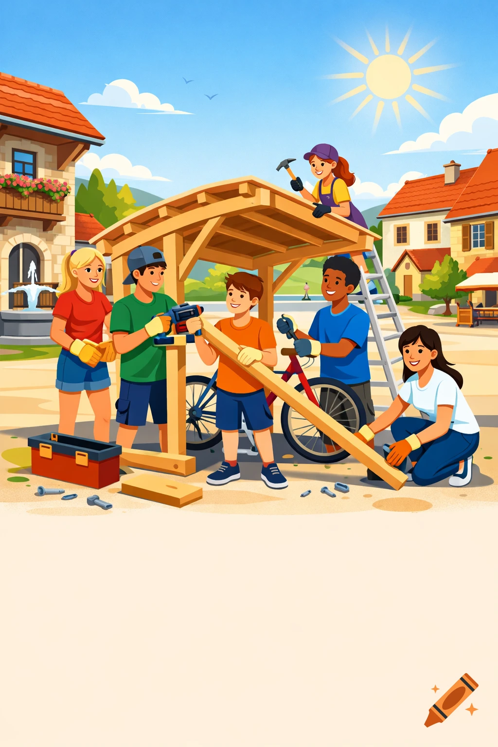 Flat design illustration of smiling teenagers in a sunny village square, building a wooden bicycle shelter.