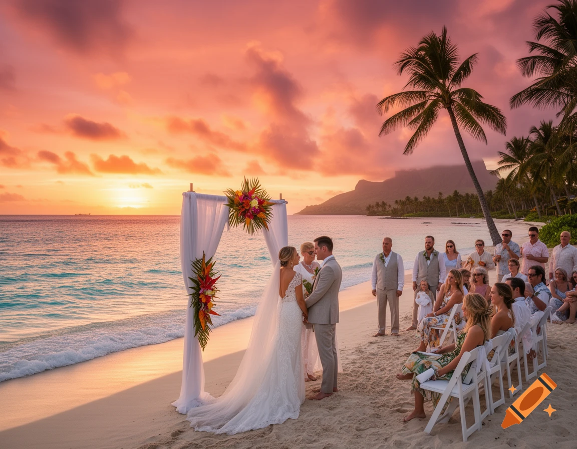 Tropical beach wedding ceremony at sunset with a bride, groom, and guests on the sand.
