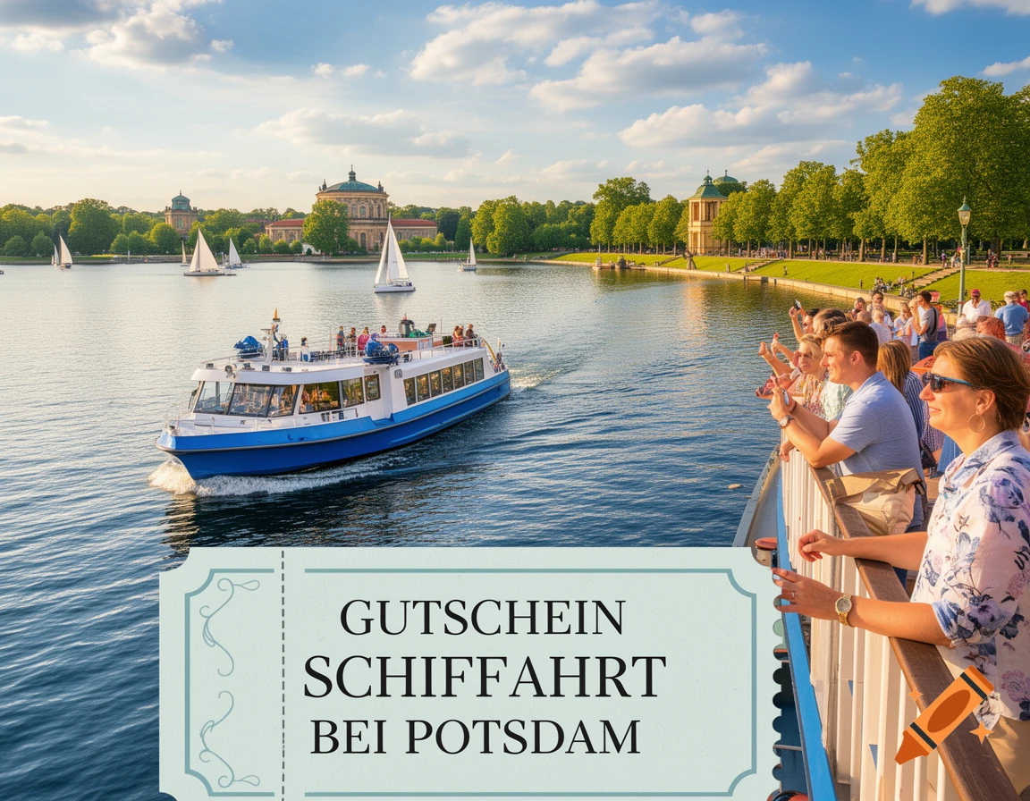 Photorealistic scene of a boat tour on a lake in Potsdam, featuring a blue boat, sailboats, a historic palace, and people, with a voucher overlay.
