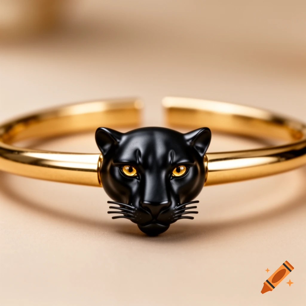 Close-up of a gold-colored open bangle bracelet featuring a sleek black panther head with luminous yellow eyes as the centerpiece.