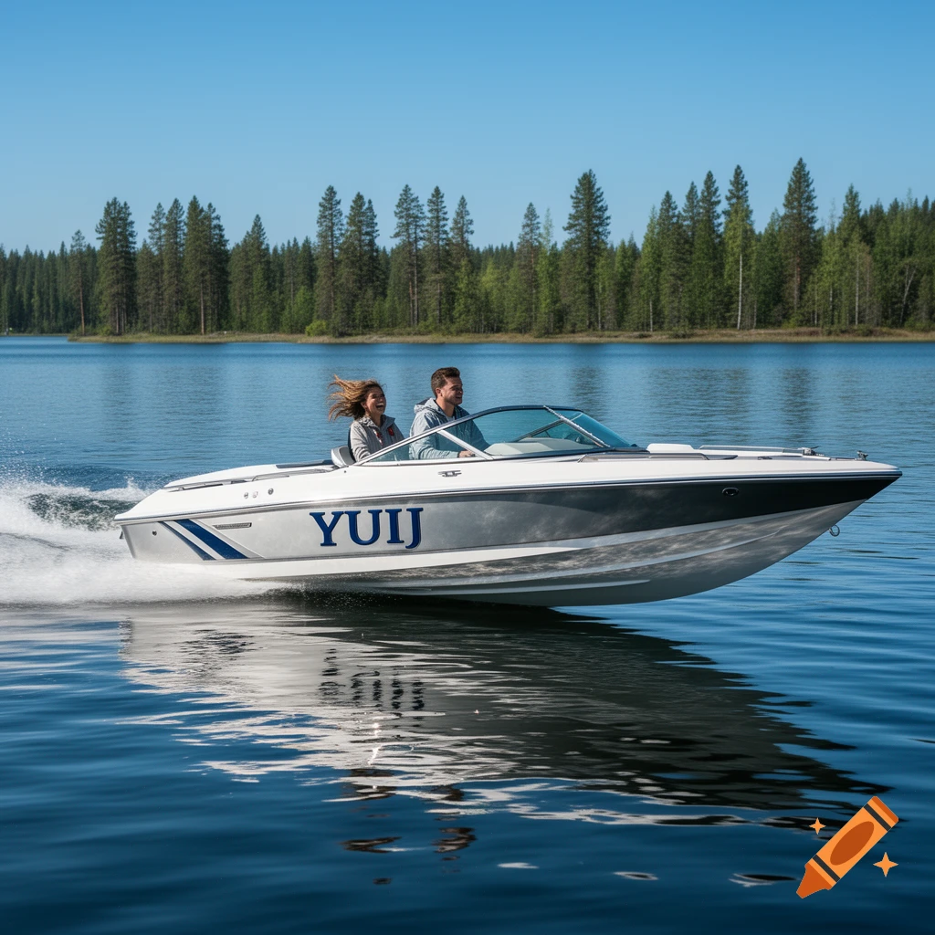Two people on a white and gray speedboat speeding across a lake with a forest background on a sunny day.