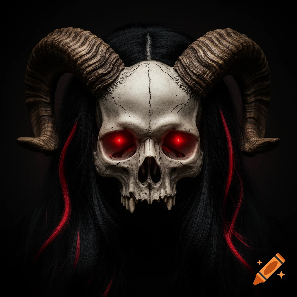 A detailed skull with large textured ram horns and glowing red eyes, surrounded by long black hair with red streaks on a dark background.