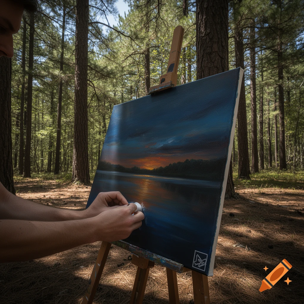 A person paints a sunset landscape on a canvas, set up on an easel in a ...
