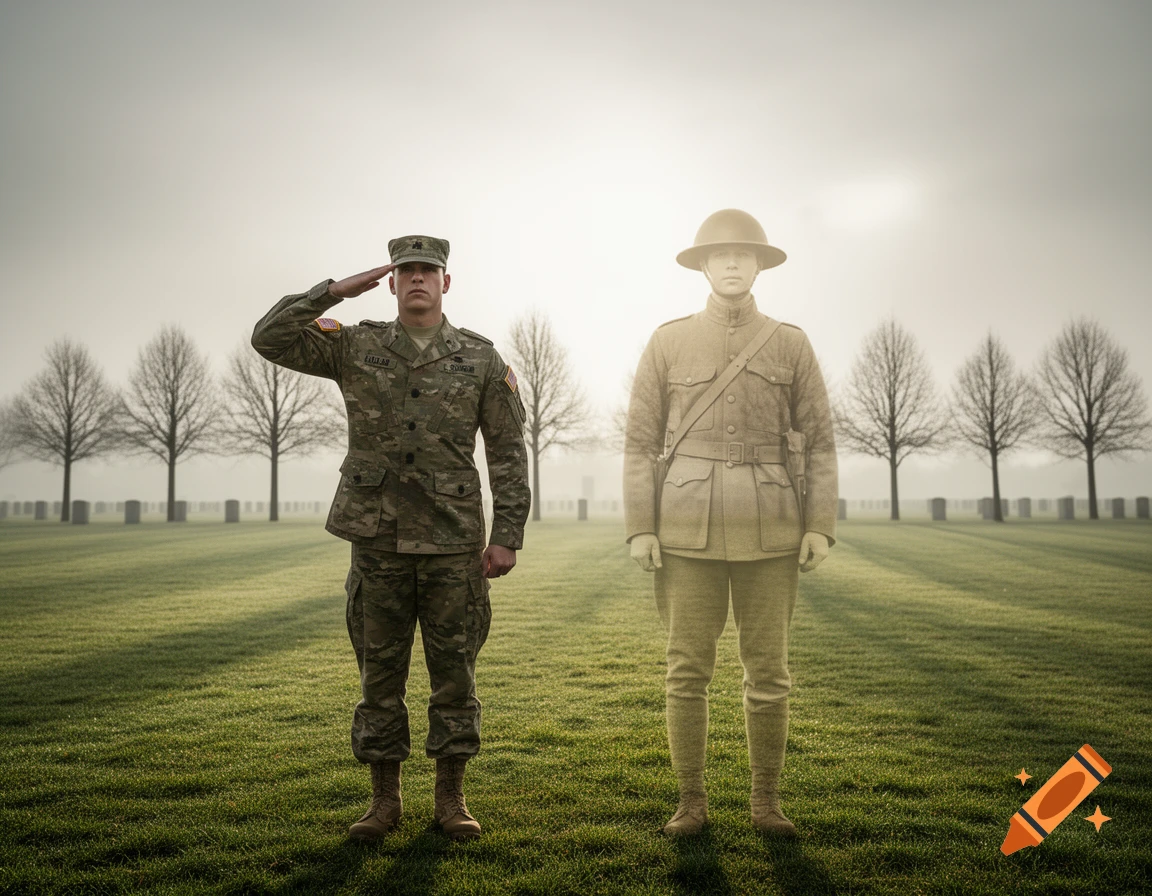 A modern U.S. Army soldier salutes a ghostly World War 1 soldier in a cemetery with bare trees.