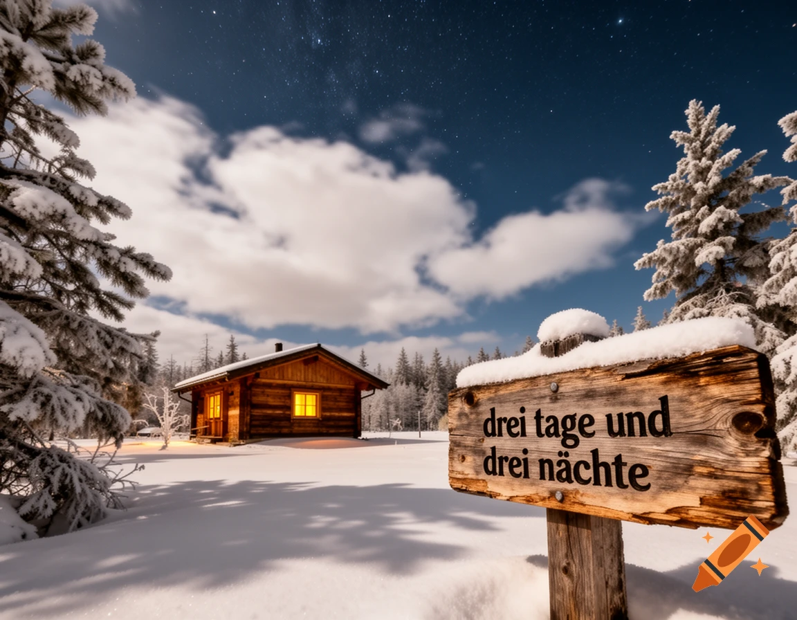 A cozy wooden cabin glows warmly in a snowy winter landscape under a starry night sky, with a sign reading 'drei tage und drei nächte'.