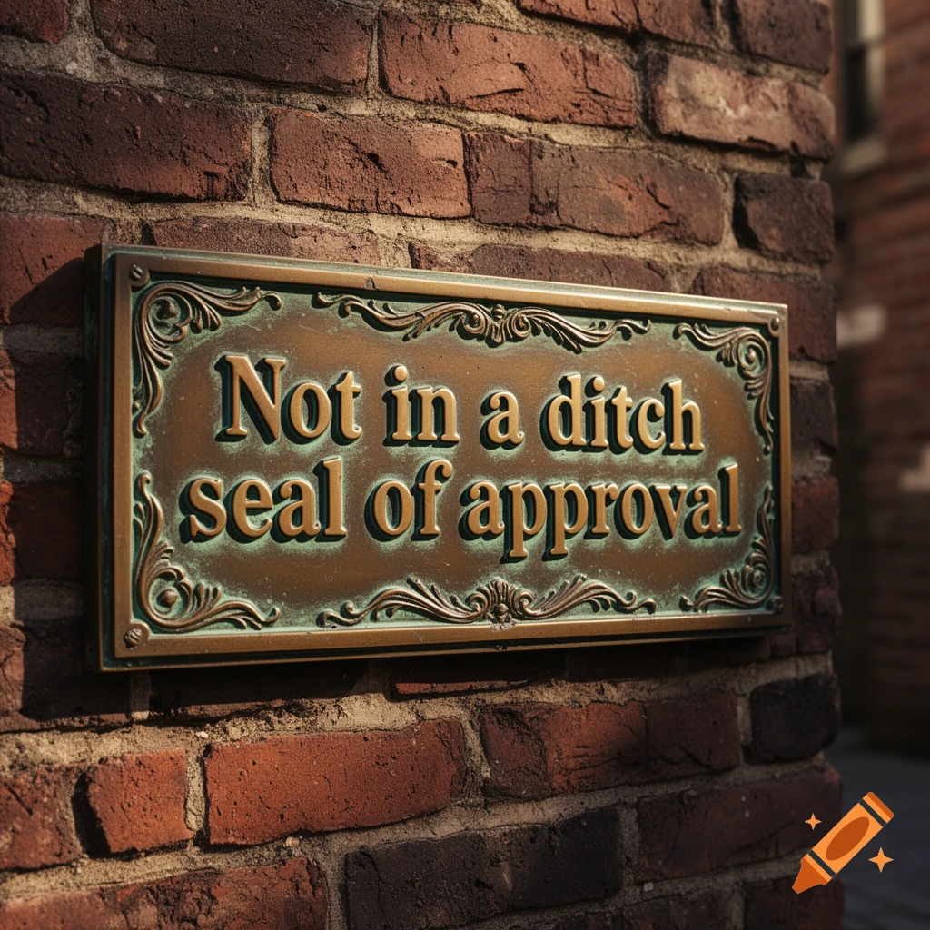 A bronze plaque with ornate borders reads 'Not in a ditch seal of approval' mounted on a red brick wall.