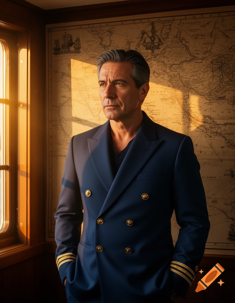 A distinguished man in a navy captain's uniform with gold buttons stands before a vintage map, illuminated by golden light from a window.