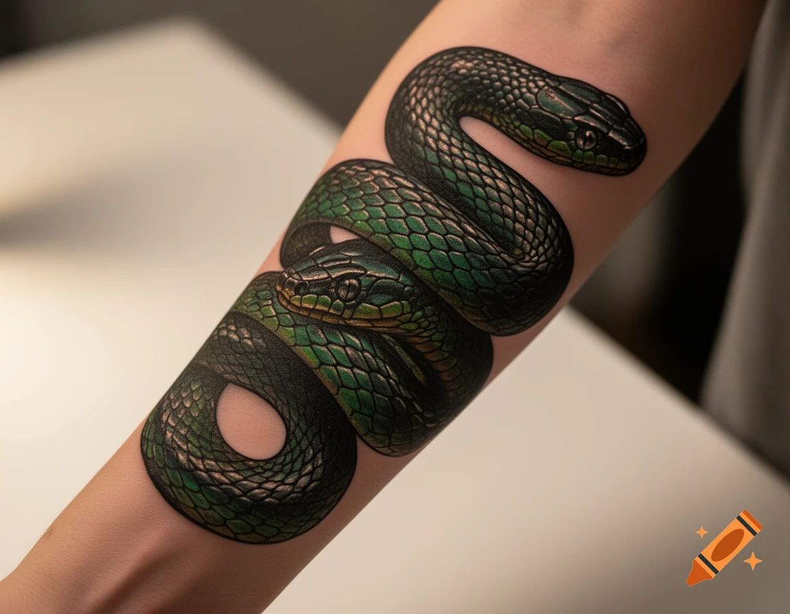 Photorealistic green snake tattoo wrapped around a person's forearm.