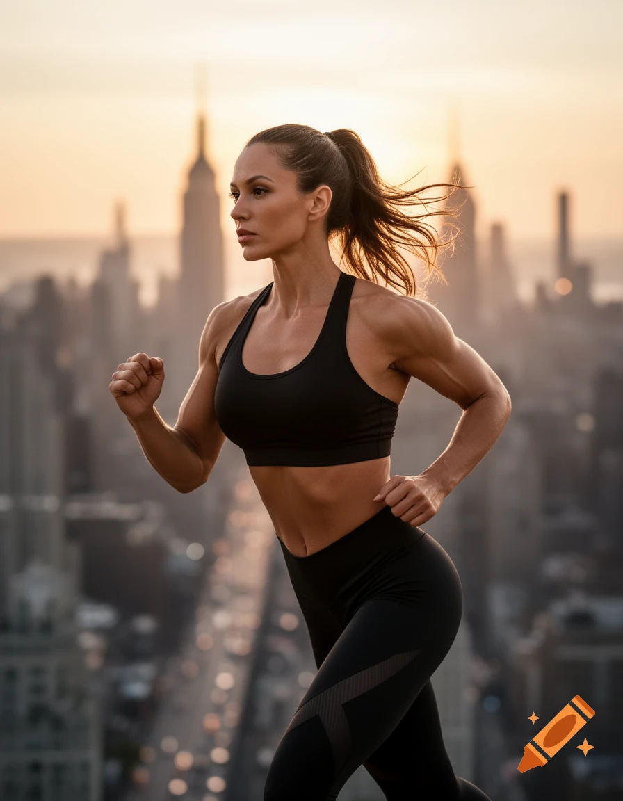 Fit woman in black activewear running against a blurred city skyline at sunset.