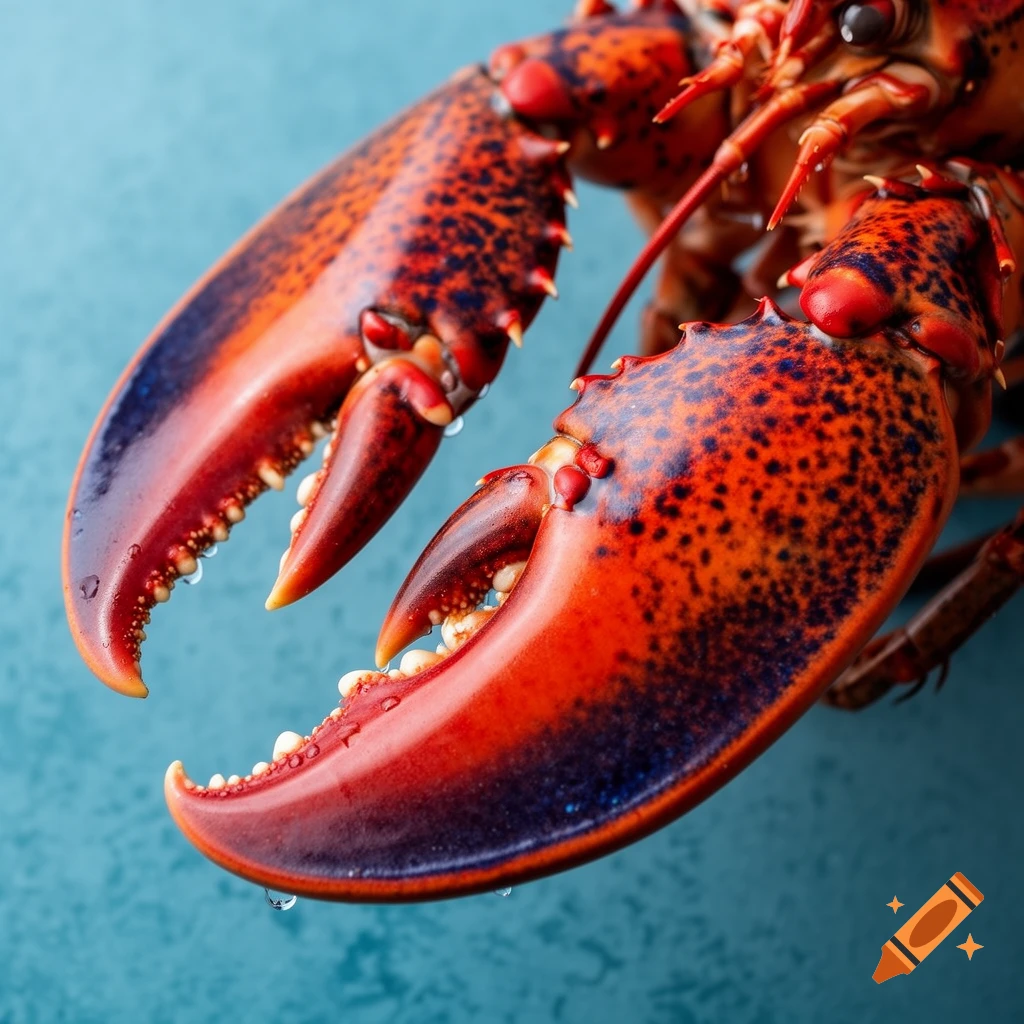 Close-up of a vibrant red and orange lobster claw with water droplets against a blue background.