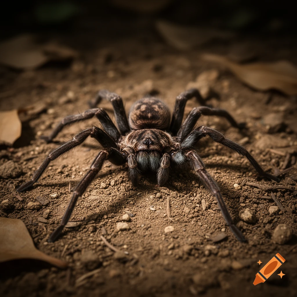 A detailed, photorealistic close-up of a large, dark brown spider with hairy legs on a dirt ground with dry leaves.