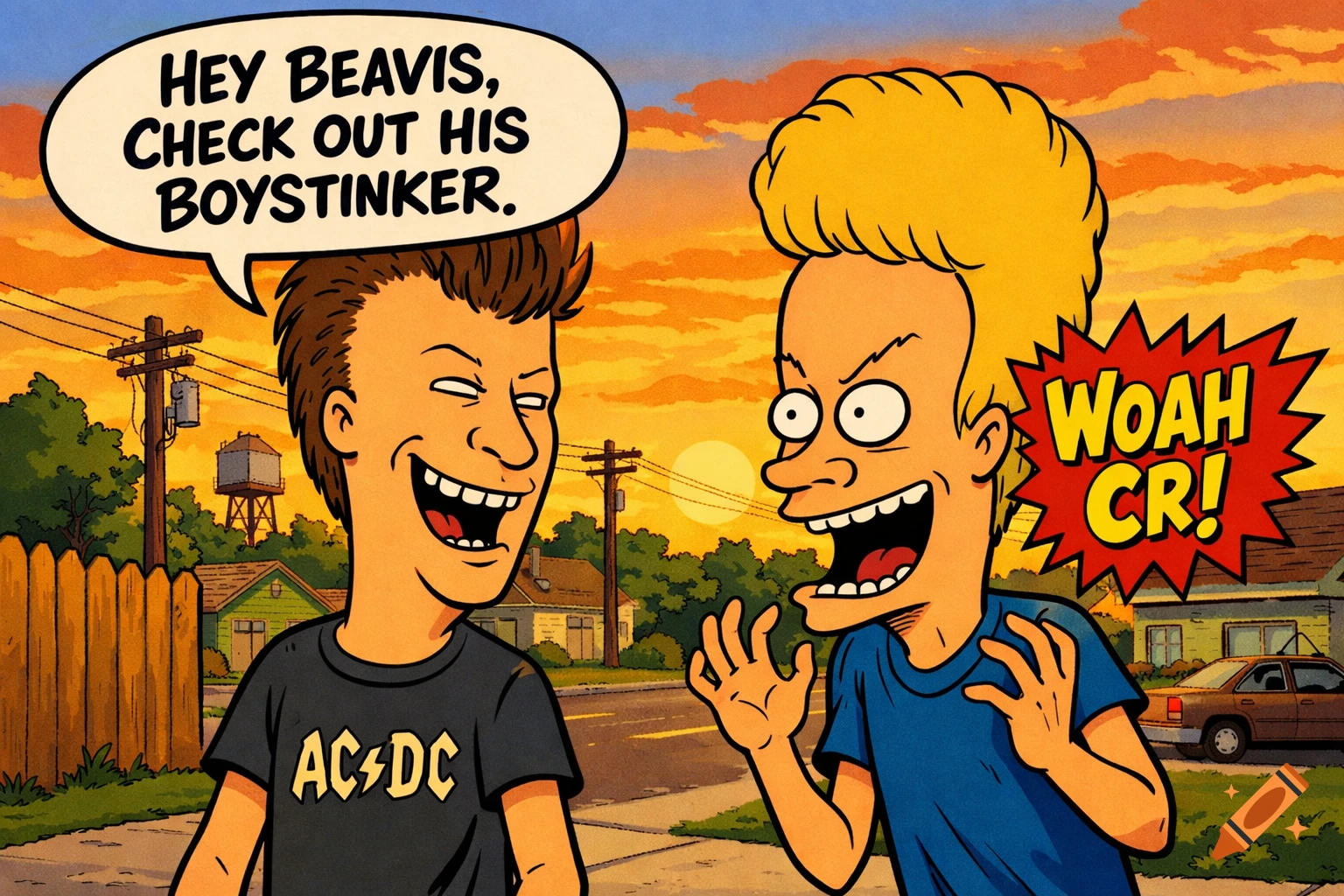 A cartoon illustration of Beavis and Butthead laughing. Butthead wears an AC/DC shirt and says "Hey Beavis, check out his boystinker" while Beavis exclaims "Woah Cr!" under a sunset.