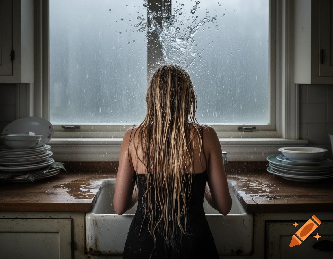 Woman with long wet blonde hair stands at an old kitchen sink with splashing water, dishes, and a window in the background.