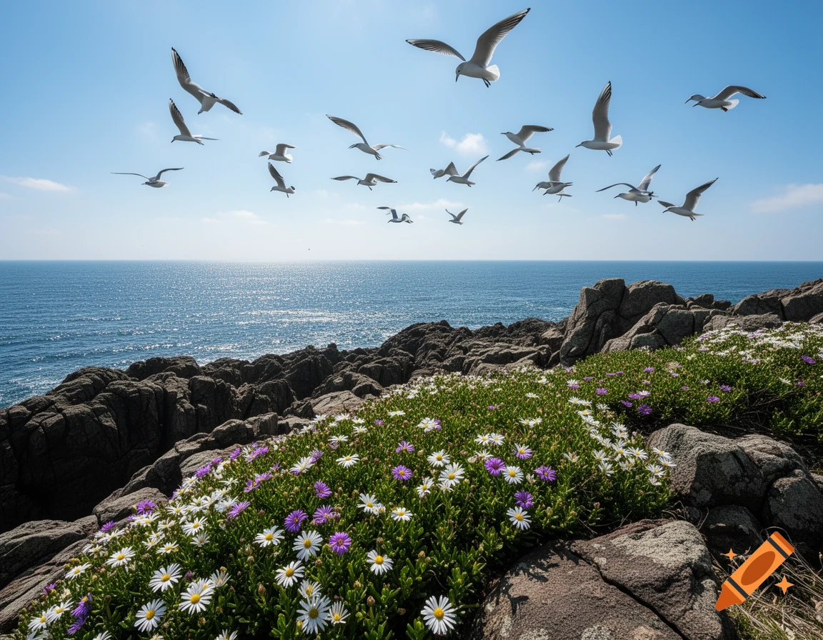 Photorealistic coastal landscape with seagulls flying above rocky cliffs adorned with white and purple flowers, overlooking a blue ocean.