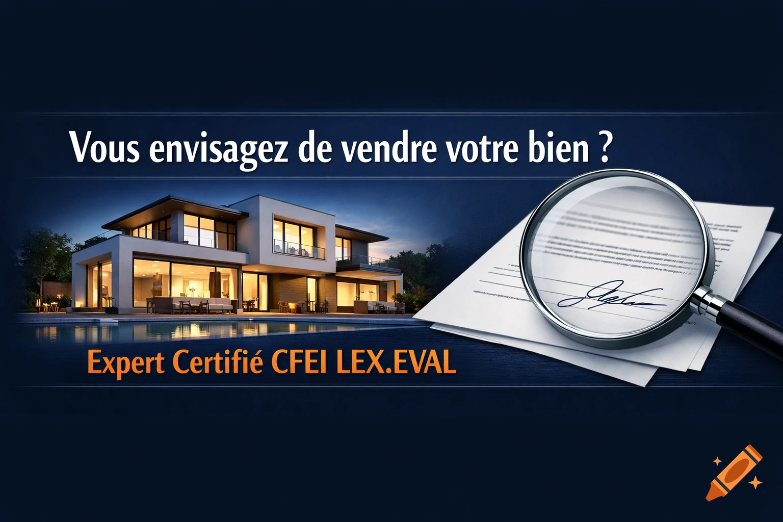 A photorealistic banner features a modern house with a pool at night and a magnifying glass over a signed document. French text reads, "Vous envisagez de vendre votre bien ? Expert Certifié CFEI LEX.EVAL"