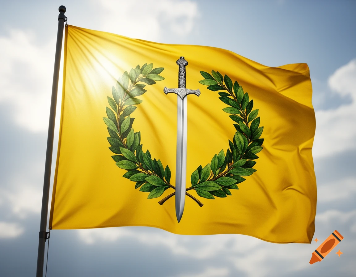 A vibrant yellow flag, featuring a silver sword centered within a green laurel wreath, waves against a bright cloudy sky.