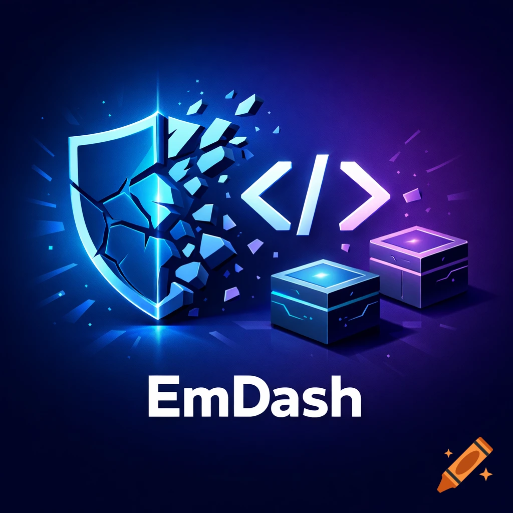 A futuristic glowing blue shield cracking apart, transforming into white code brackets and two glowing cube boxes on a dark blue and purple background. Text 'EmDash' at the bottom.