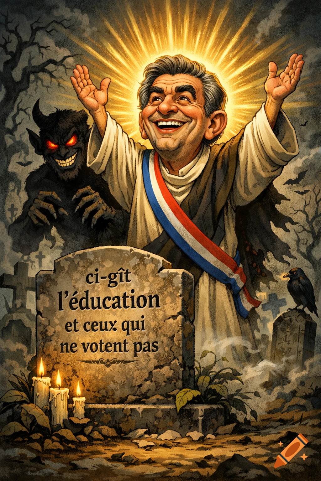 Smiling man with halo and French sash, arms raised, demon behind him in a graveyard. Tombstone reads 'Here lies education and those who do not vote.'