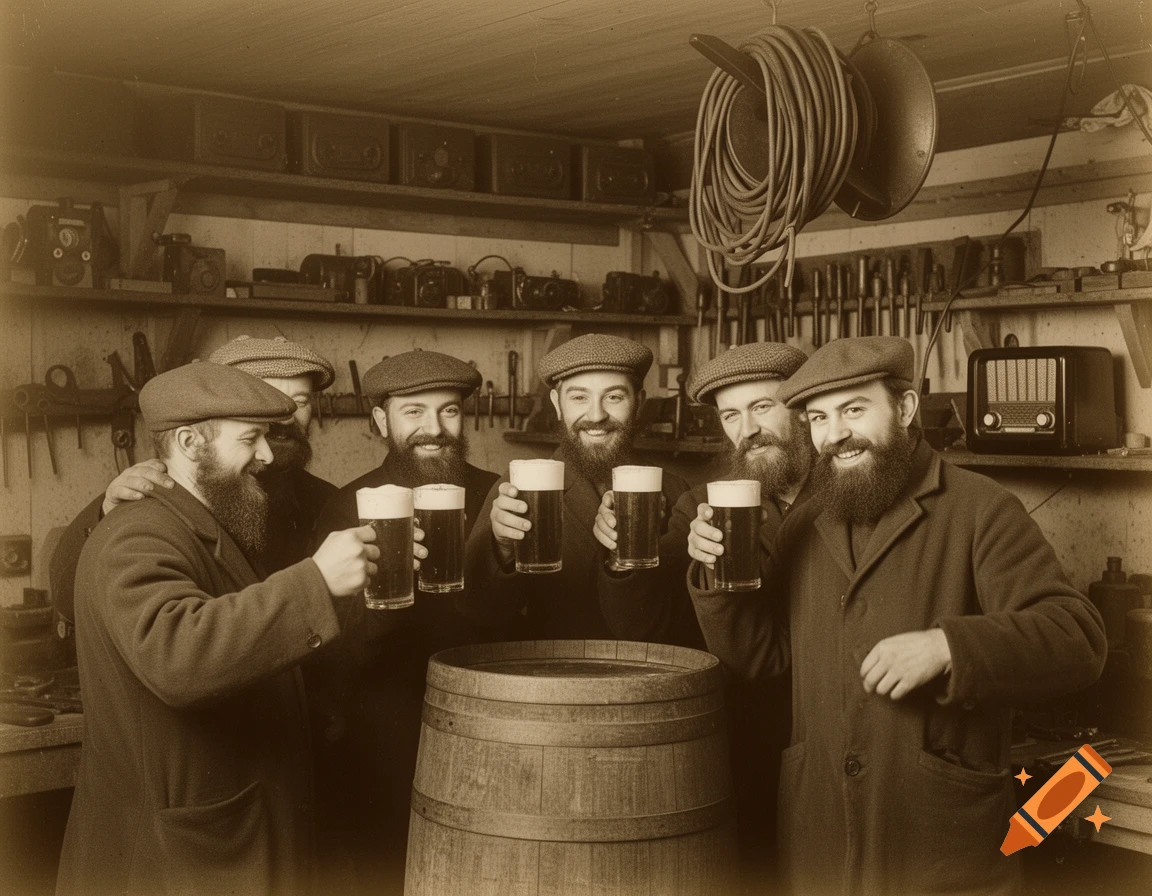 Vintage sepia photo of several bearded men in caps toasting with beer mugs around a wooden barrel in a workshop.