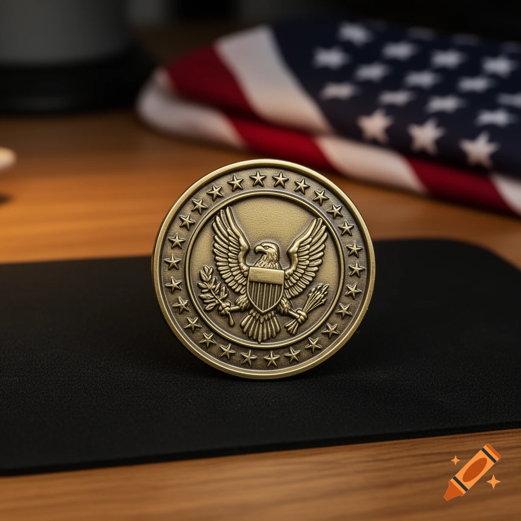 A detailed bronze military challenge coin featuring an eagle emblem and stars, on a black surface with a folded American flag in the background.