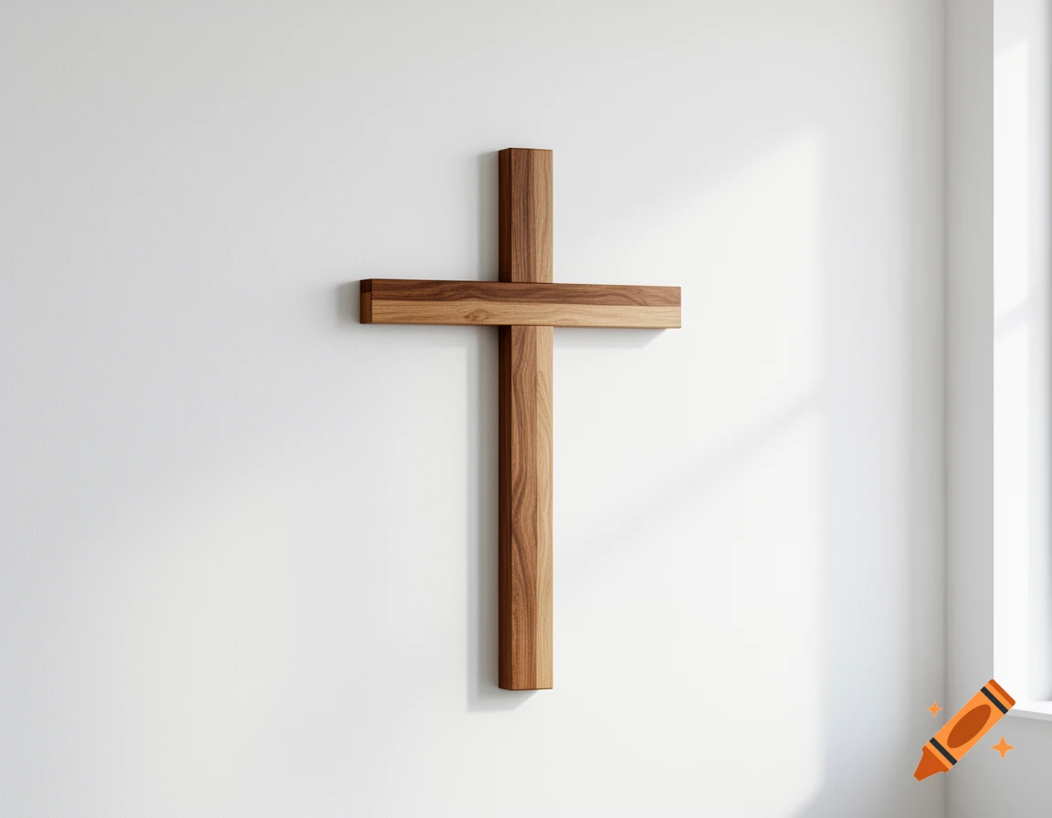 A simple wooden cross hangs on a white wall, illuminated by natural light from a nearby window, photorealistic.