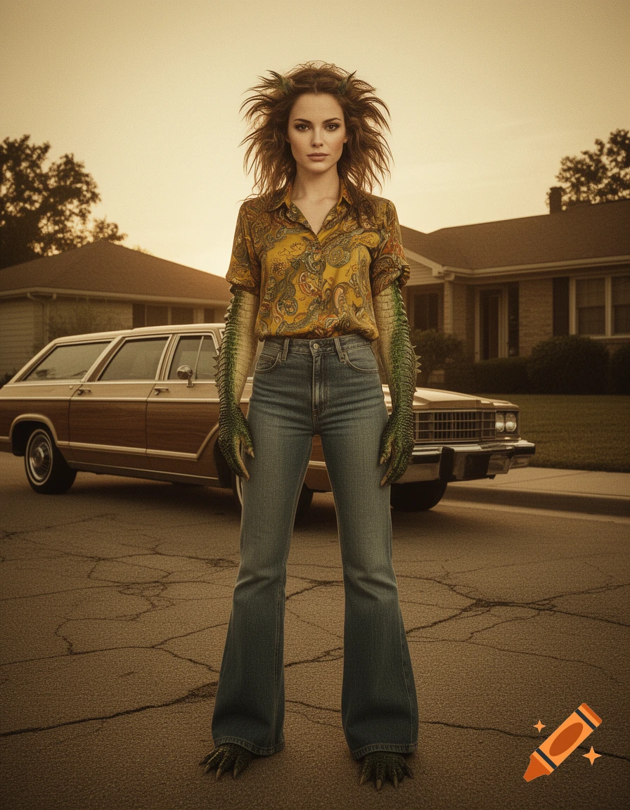 A woman with reptilian arms and feet, wearing a paisley shirt and flared jeans, stands on a street with a vintage car in a 70s setting.