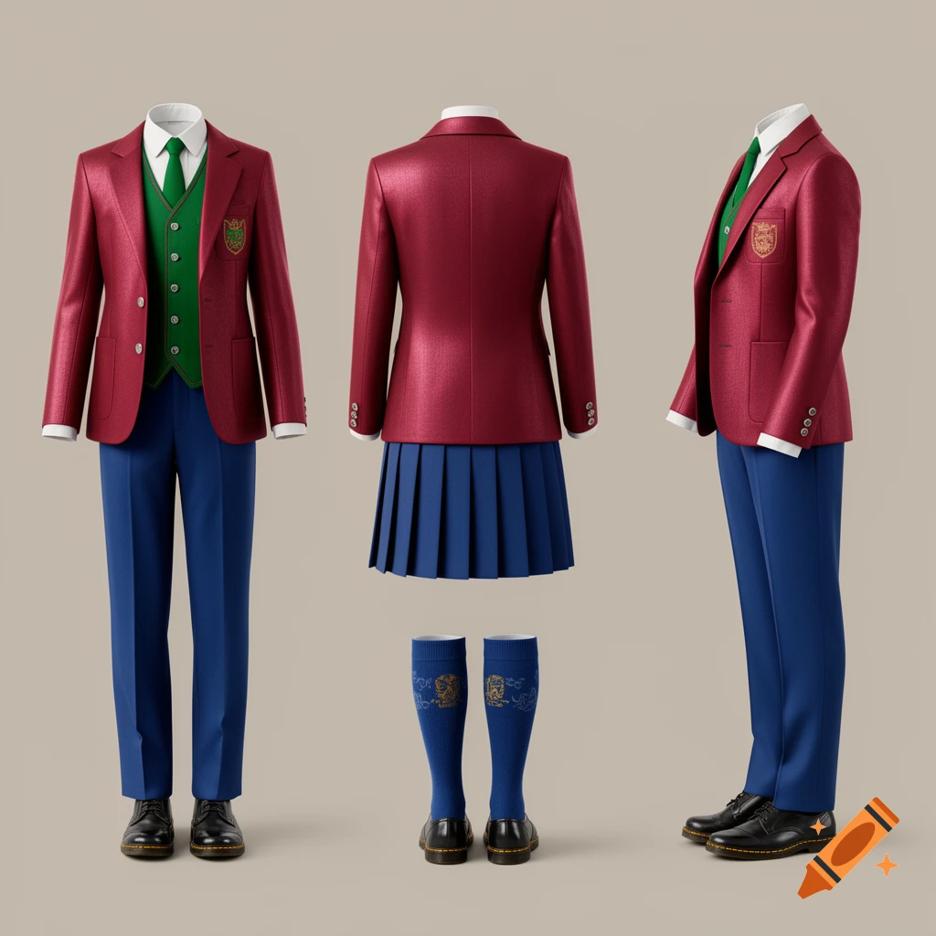 School uniform with a red blazer, green vest and tie, blue pants, blue pleated skirt, and socks, displayed in front, back, and side views.