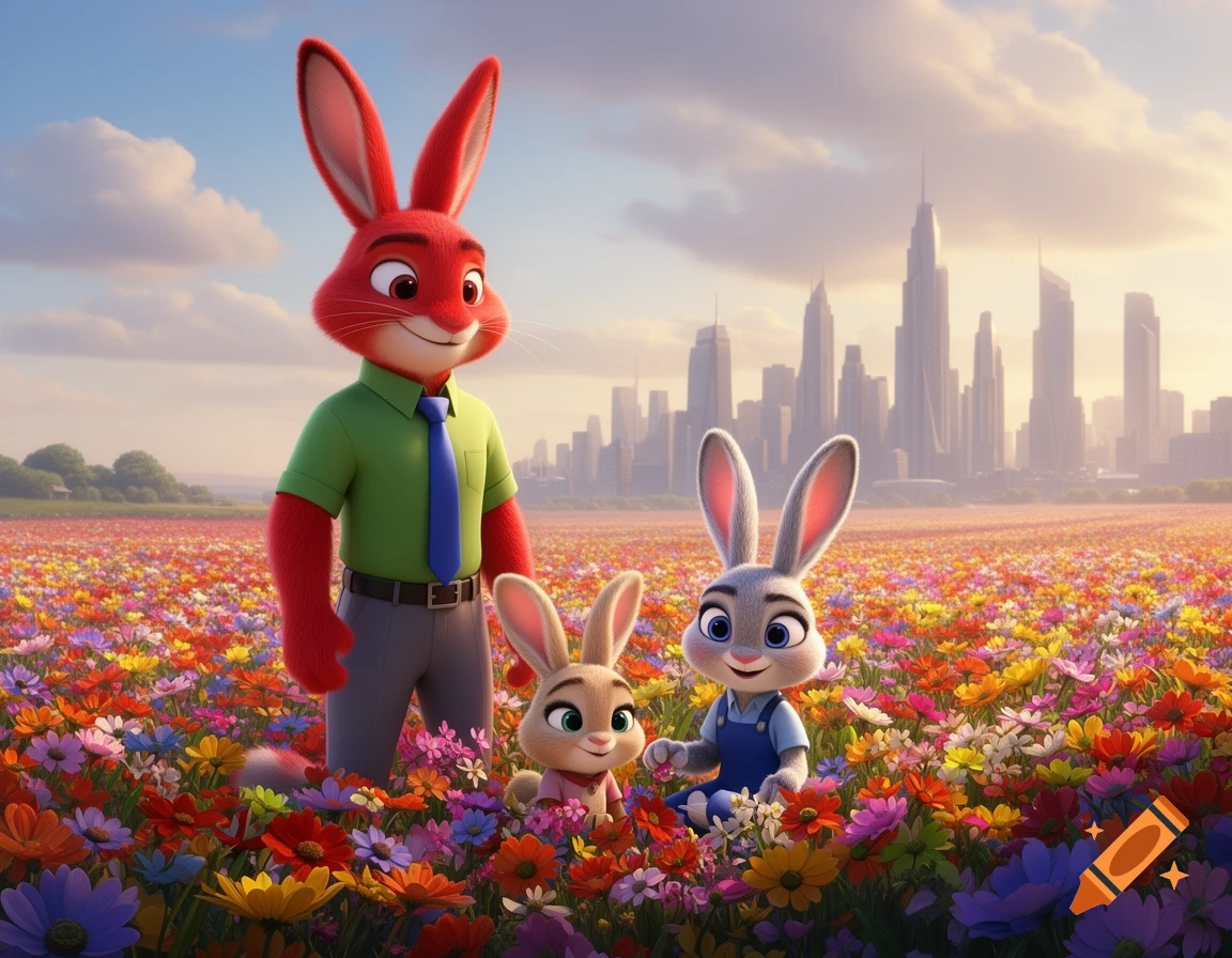 An animated red anthropomorphic bunny stands with Judy Hopps and a bunny child in a flower field with a city skyline.