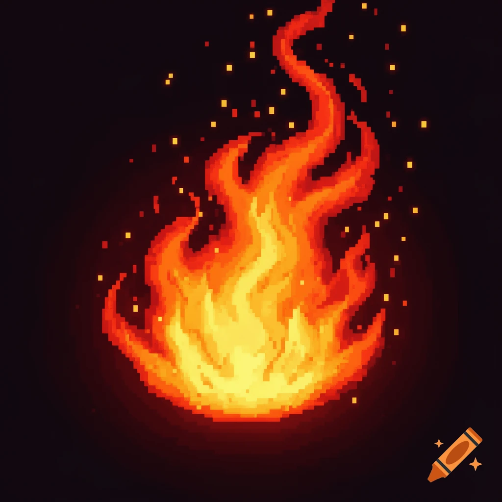 Vibrant pixel art fireball with flickering orange and yellow flames and embers against a dark background.