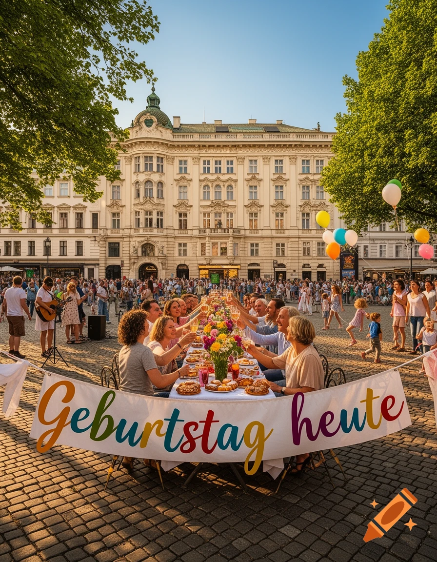 A long table set for a birthday celebration with people toasting in a bustling city square, with a banner reading 'Geburtstag heute' and elegant buildings in the background.