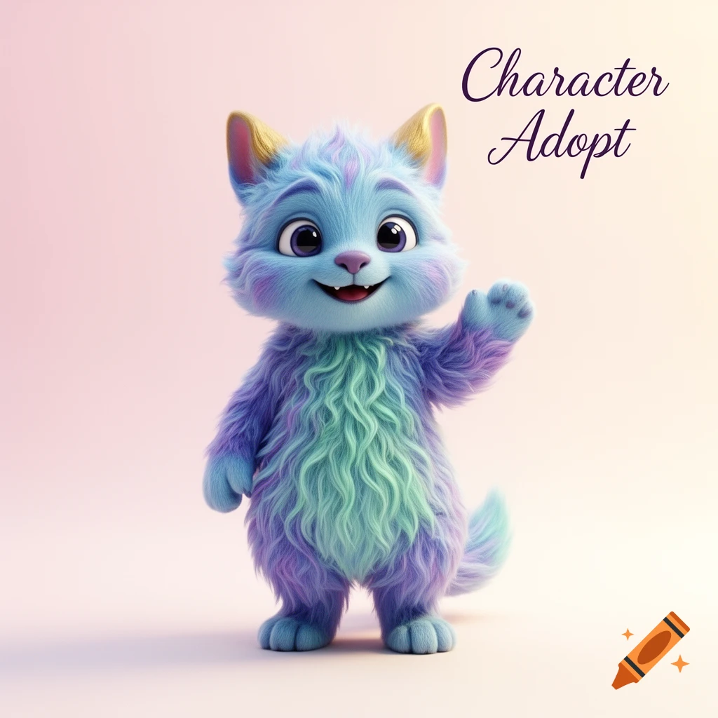 A cute, fluffy blue and purple cartoon cat-like fantasy creature waving, with text "Character Adopt".
