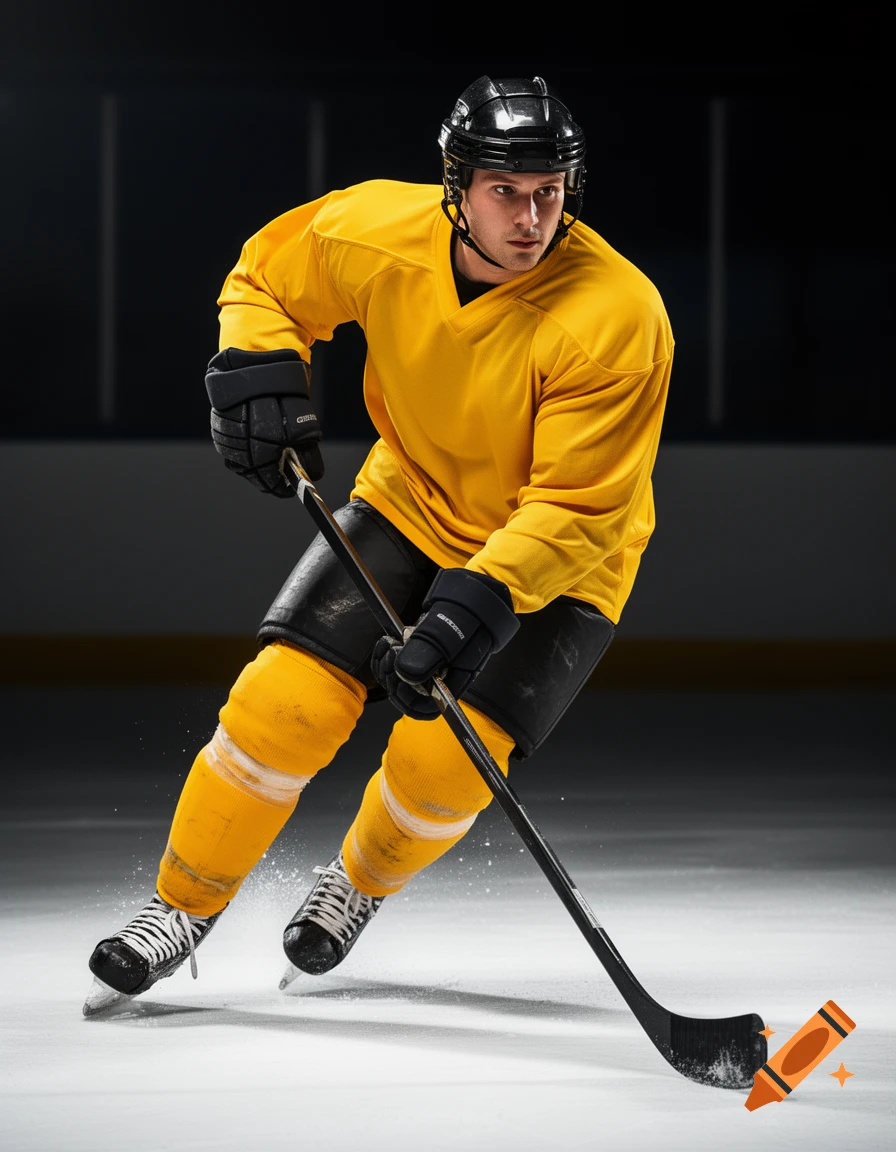 A male hockey player in a yellow jersey and black helmet skates on the ice, holding a hockey stick.