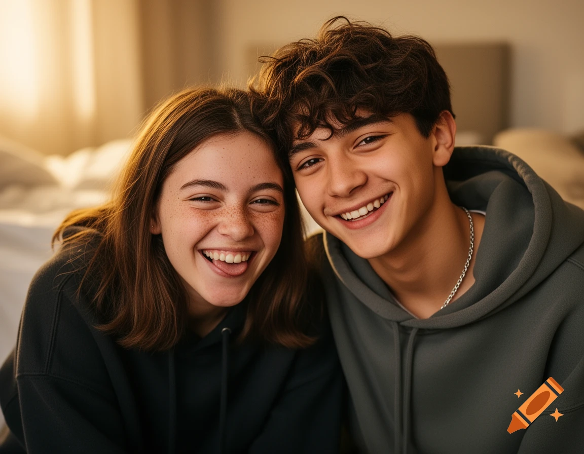 Photorealistic portrait of a happy teenage girl with freckles making a goofy face next to a smiling teenage boy.