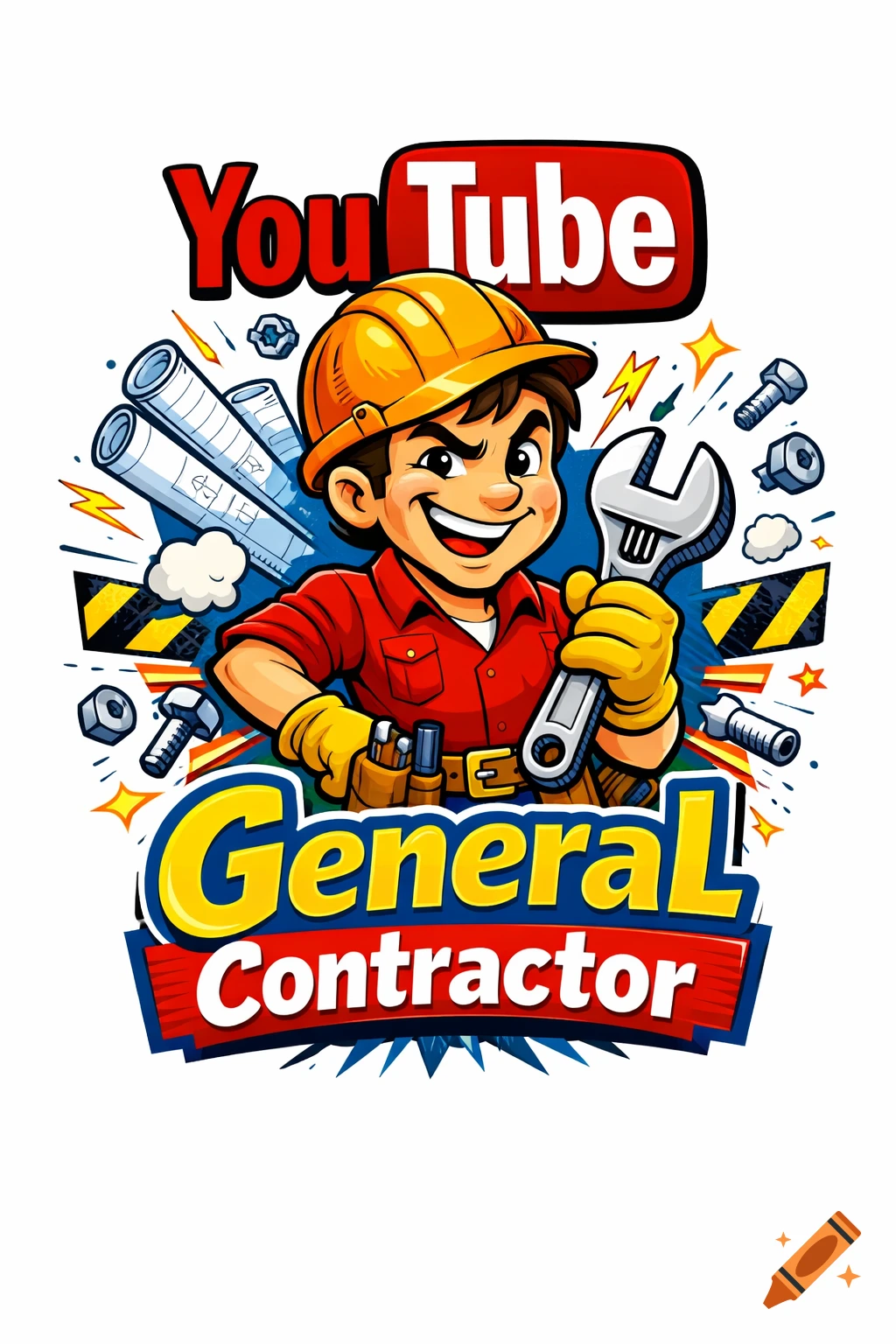 Cartoon illustration of a smiling general contractor in a hard hat holding a wrench, with blueprints and tools, text 'You Tube General Contractor'.