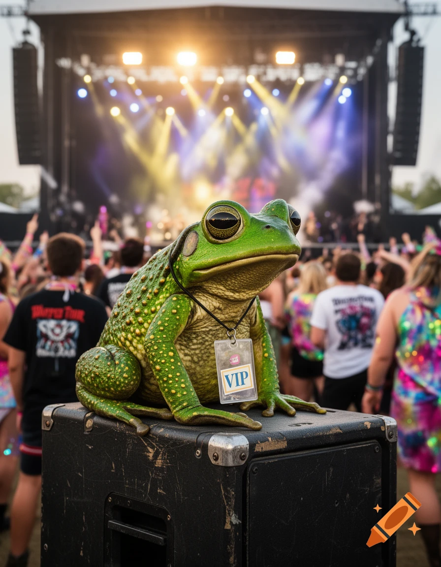 A photorealistic green toad wearing a VIP badge sits on a speaker at an outdoor music festival with a bright stage in the background.