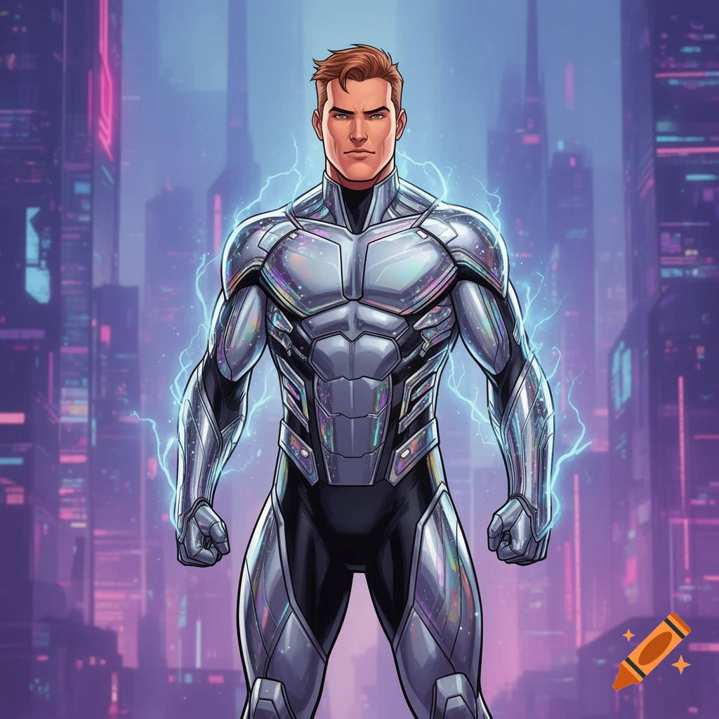 A male superhero in shiny silver and black futuristic armor with electric blue energy stands before a neon-lit cyberpunk city, comic art style.