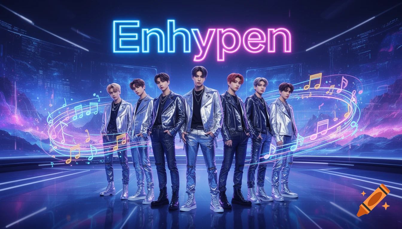 Seven K-pop members of Enhypen in metallic outfits on a futuristic stage with neon 'Enhypen' text and glowing music notes.