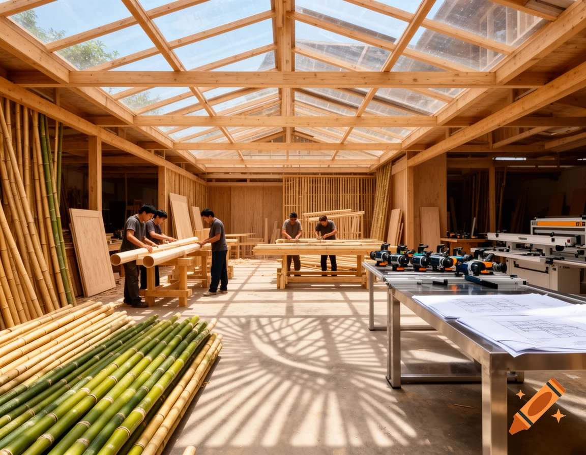 A spacious, sunlit workshop with a wooden and glass ceiling, featuring workers processing bamboo poles amidst stacks of green and natural bamboo, and woodworking machinery.