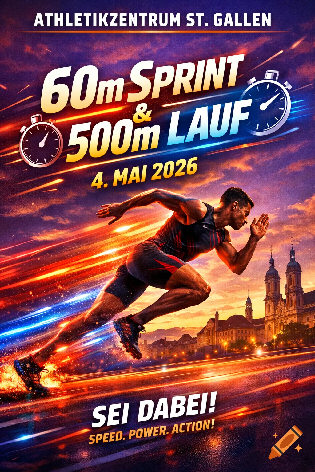 A vibrant promotional poster for an athletics competition. A male runner sprints with motion blur against a cityscape background at sunset. Text displays "ATHLETIKZENTRUM ST. GALLEN", "60m SPRINT & 500m LAUF", "4. MAI 2026", and "SEI DABEI! SPEED. POWER. ACTION!"