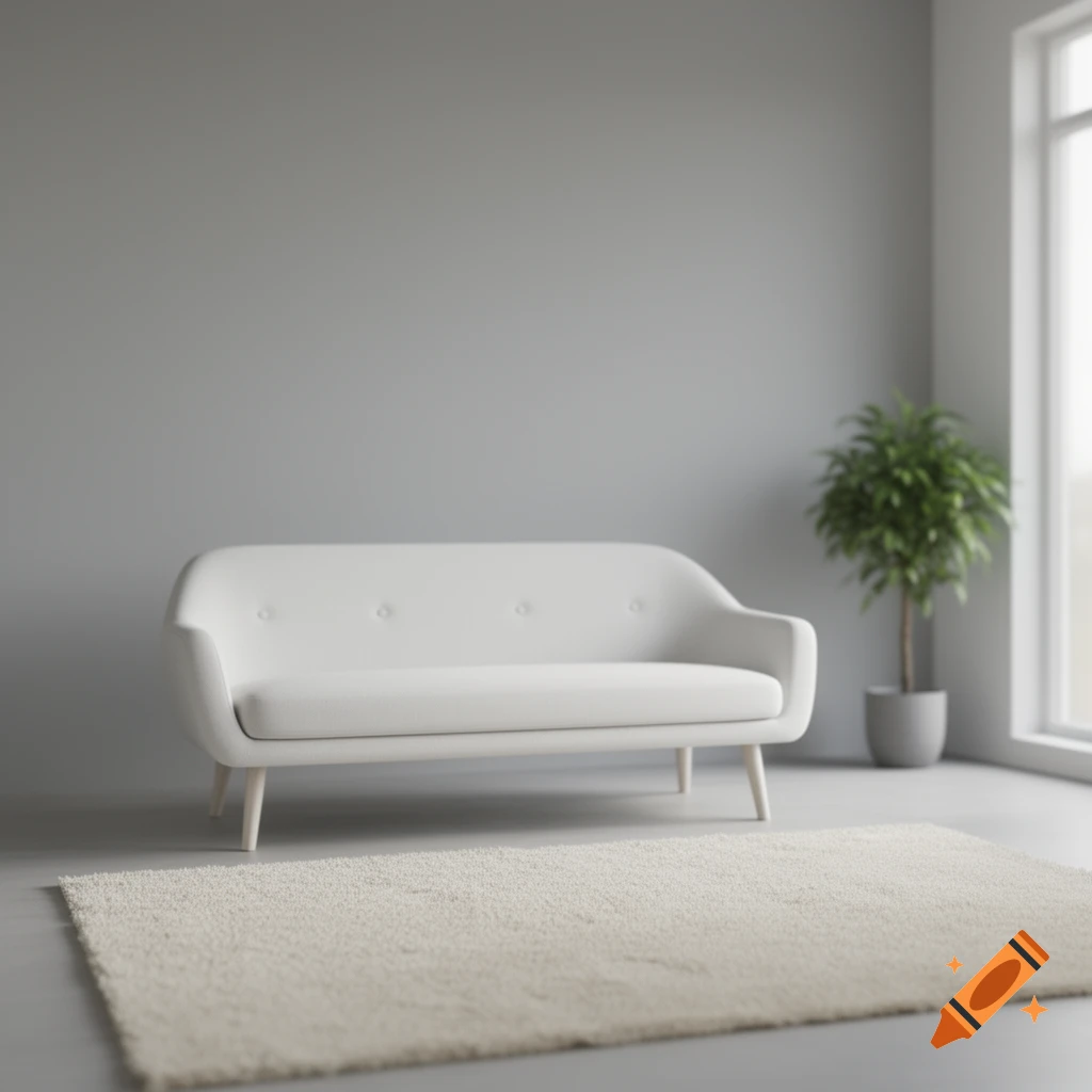 Minimalist living room with a white modern sofa, light rug on a grey floor, and a potted plant by a window.